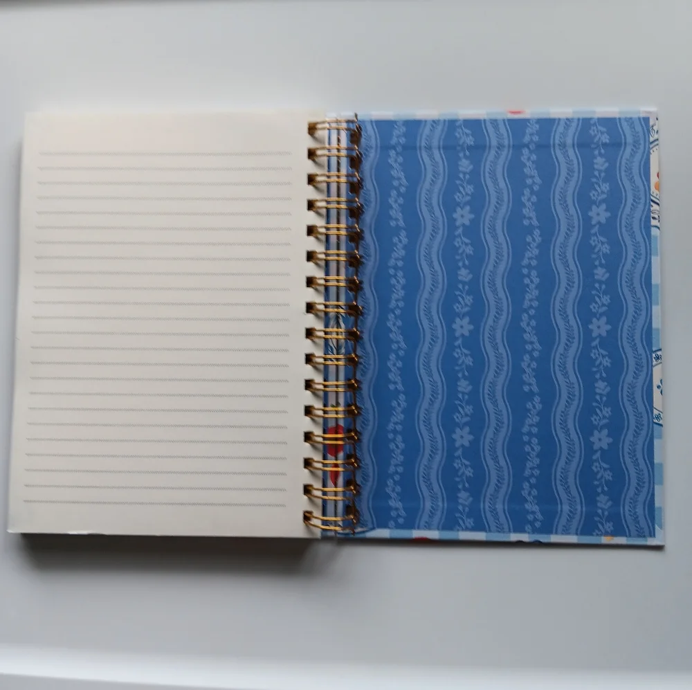 New Clementine Spiral-Bound Notebook Lined Plaid Tomatoes Pasta Food Blue White
